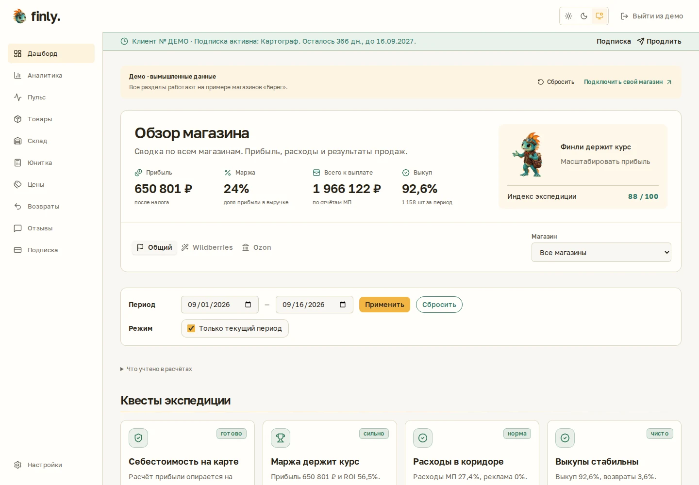 Скриншот раздела «Обзор» настоящего кабинета Finly с вымышленными данными магазинов «Берег»